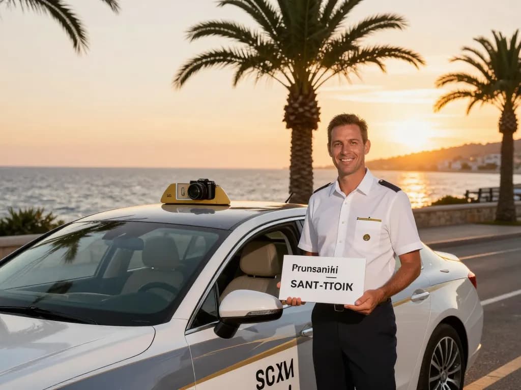 Taxi St Tropez avec un chauffeur professionnel accueillant des invités au coucher du soleil dans un cadre côtier luxueux.