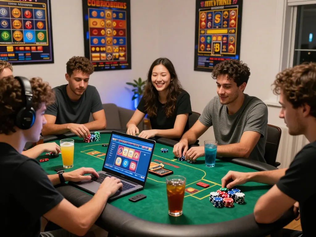 Group enjoying online gaming with MM88, snacks and vibrant atmosphere