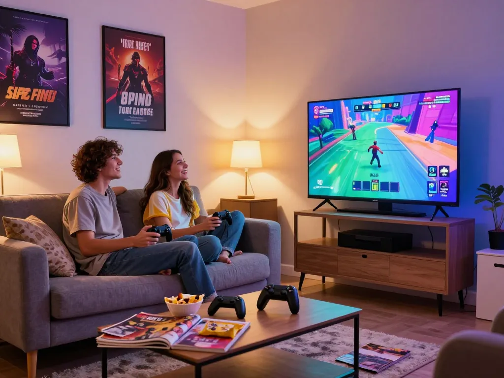 Engaged couple playing interactive game sex on a cozy couch with colorful graphics.