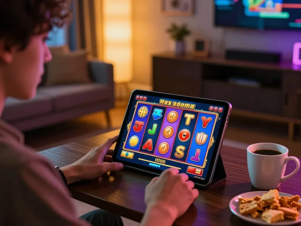 Player enjoying O8 slot game on tablet, colorful reels highlighted in modern living space