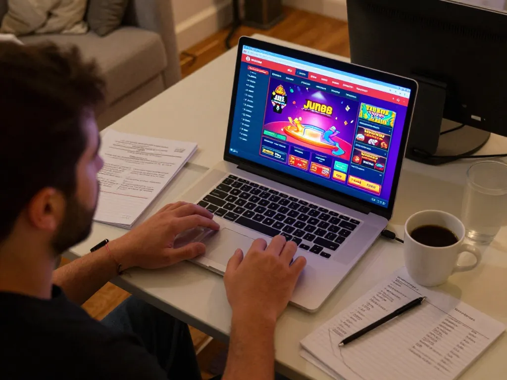 Player enjoying a dynamic gaming session on Jun88 online casino at home, depicting an interactive gambling experience.