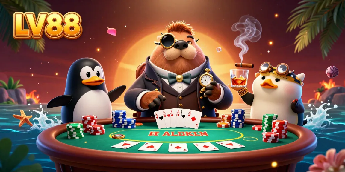 LV88 players engage at an underwater poker table with chips and cards in a vibrant scene