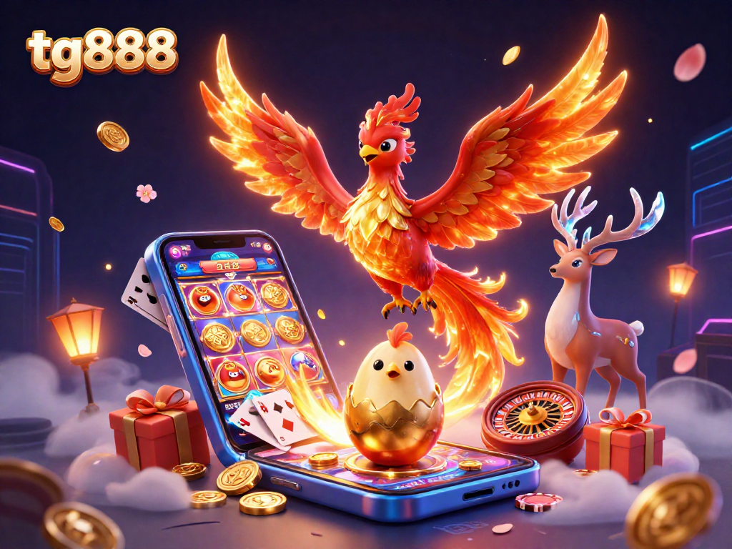 Experience the excitement at tg888 with a vibrant casino scene featuring a phoenix, a smartphone with slots, and festive decorations.