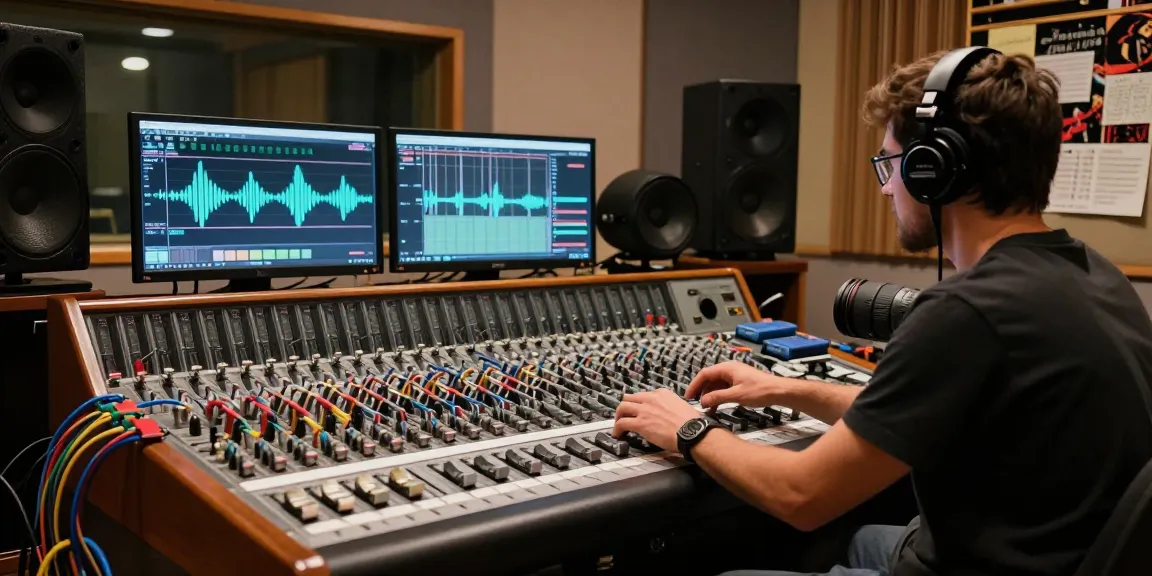 Sound engineer using Tascam DA88 digital recorder in retro studio.