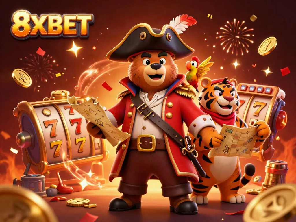 Play exciting slots at 8XBET with vibrant characters amidst dynamic casino elements.