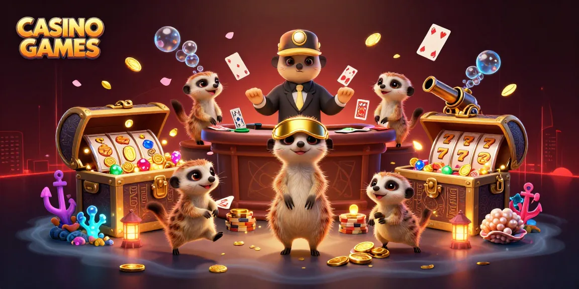 Casino Games illustrated by meerkats managing fun gaming operations with vibrant details.