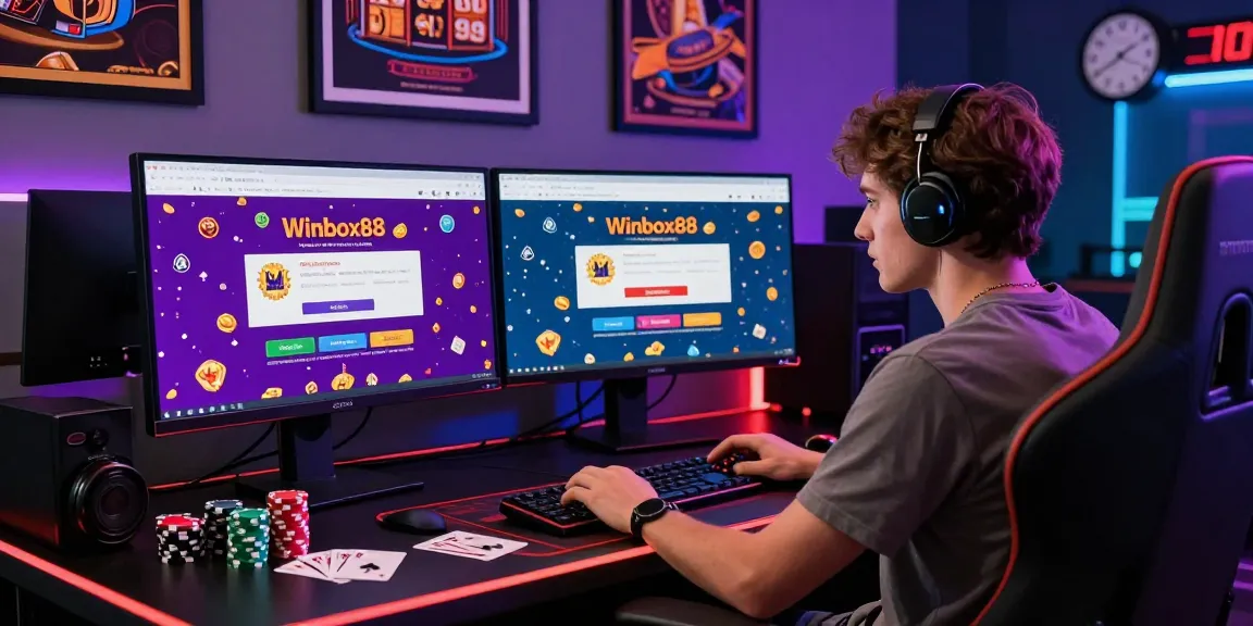 User focused on the login Winbox88 portal on dual monitors in a gaming setup, surrounded by vibrant casino graphics and decor.