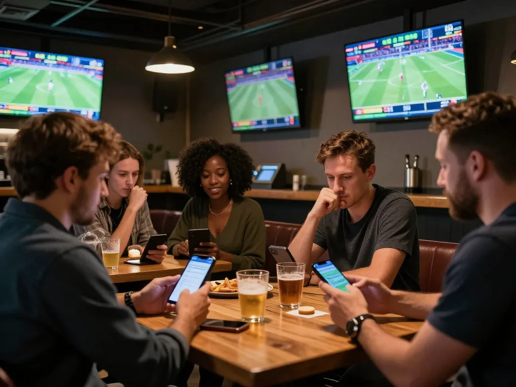 Engaging with kèo nhà cái 88 while enjoying live sports betting in a lively bar atmosphere