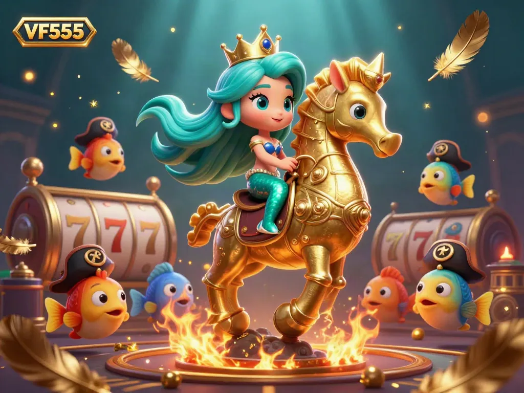 Engage in the VF555 casino experience with a vibrant 3D mermaid princess riding a seahorse surrounded by colorful gambling elements.