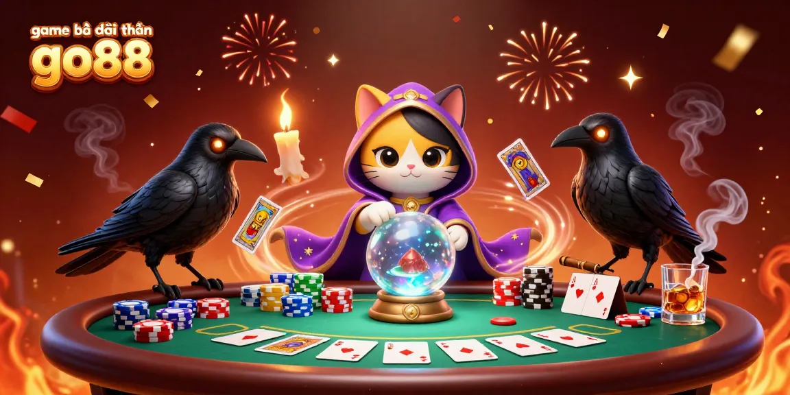 Experience game bài đổi thưởng go88 with this vivid 3D casino scene featuring mystical characters and poker elements.
