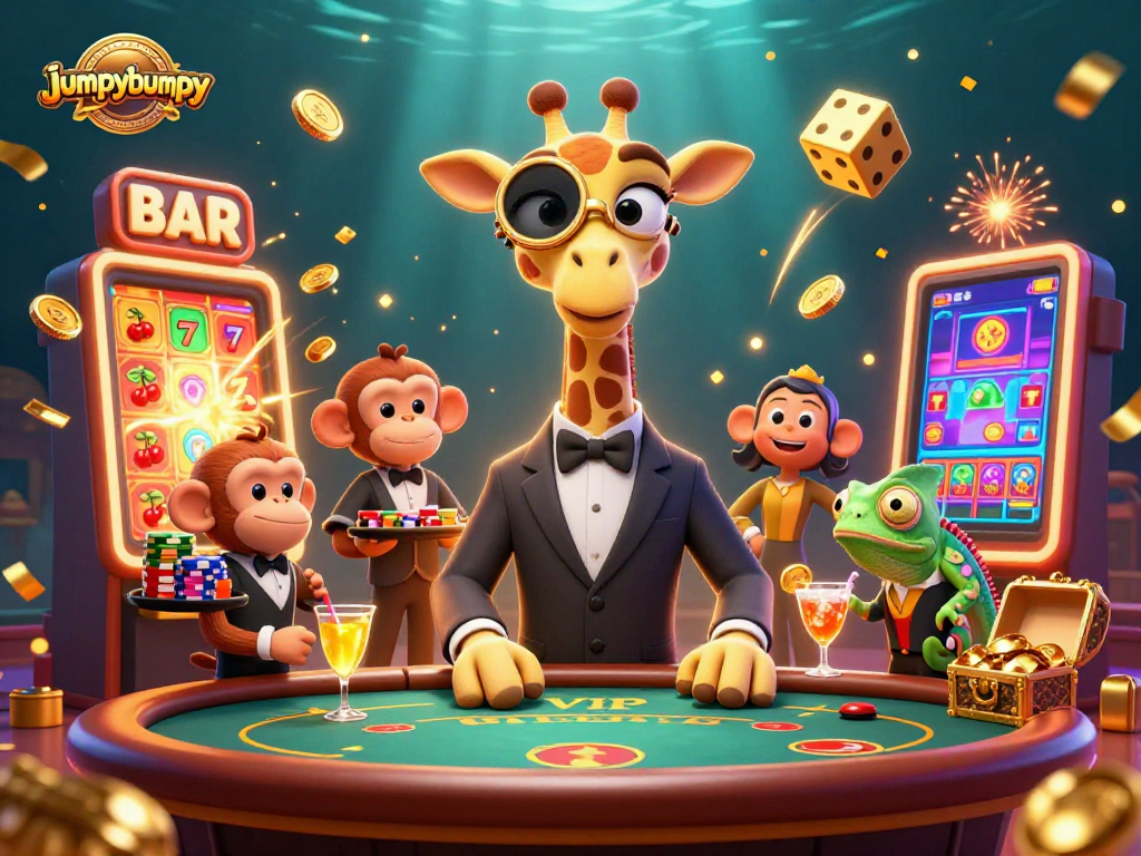 Engage with jumpybumpy's vibrant casino scene featuring high-roller giraffe and monkey valet.