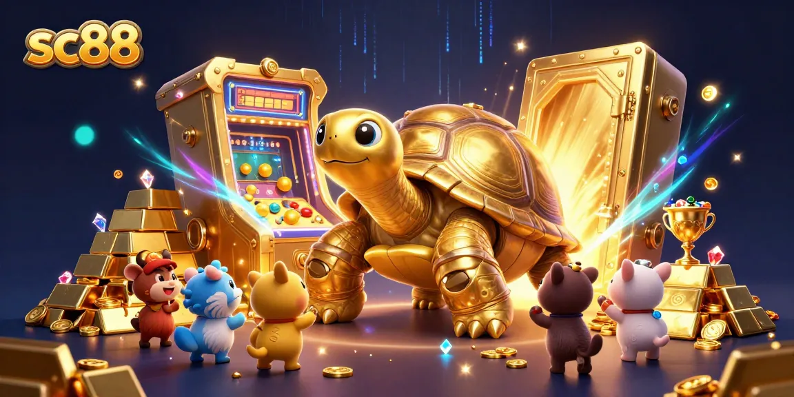 Sc88 showcases a vibrant scene with a colossal tortoise pinball machine in a treasure-filled casino