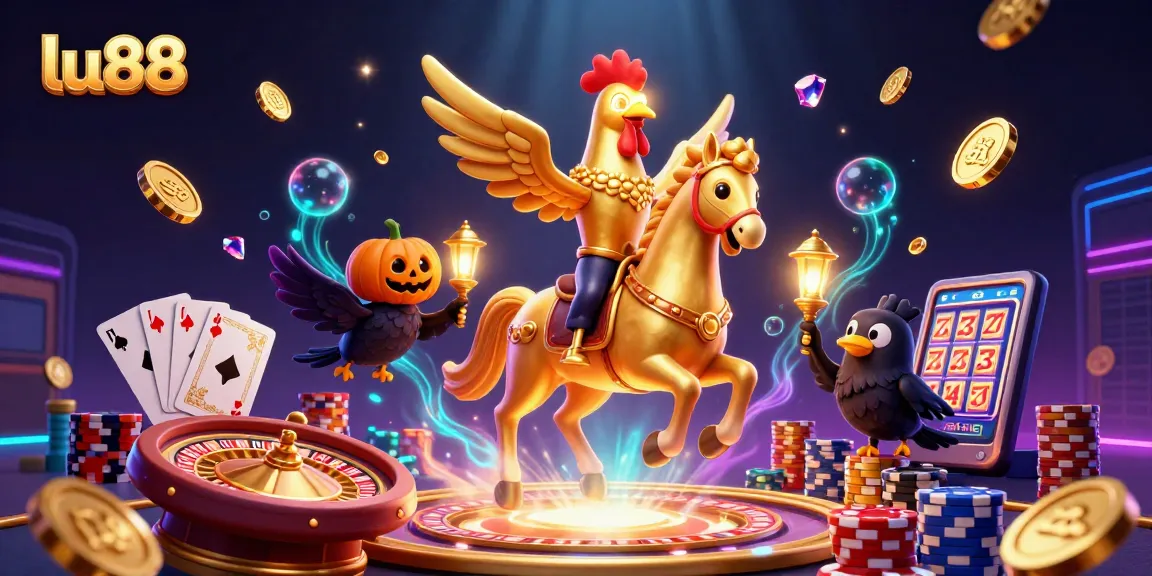 Experience the thrilling world of lu88 with a golden rooster and gambling elements.
