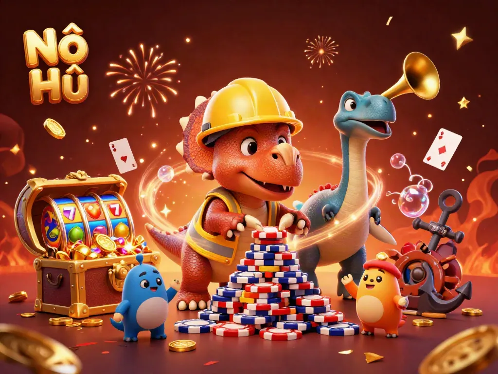 Nổ Hũ creates excitement with a 3D scene of a triceratops celebrating jackpot wins surrounded by gold coins, slot reels, and casino elements.