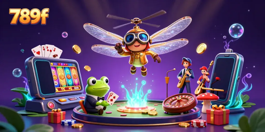 Experience the excitement of 789f with vibrant casino action from a helicopter pilot and frog dealer amidst neon lights.