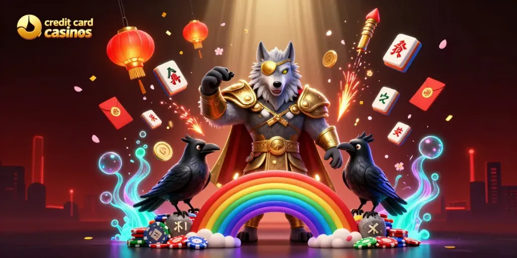 Experience breathtaking gaming at credit card casinos with Odin and his ravens amidst vibrant casino-themed visuals