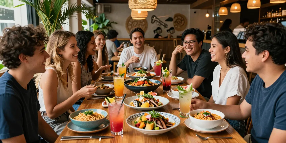People enjoying diverse dishes at Red88 restaurant, vibrant atmosphere and craft cocktails.