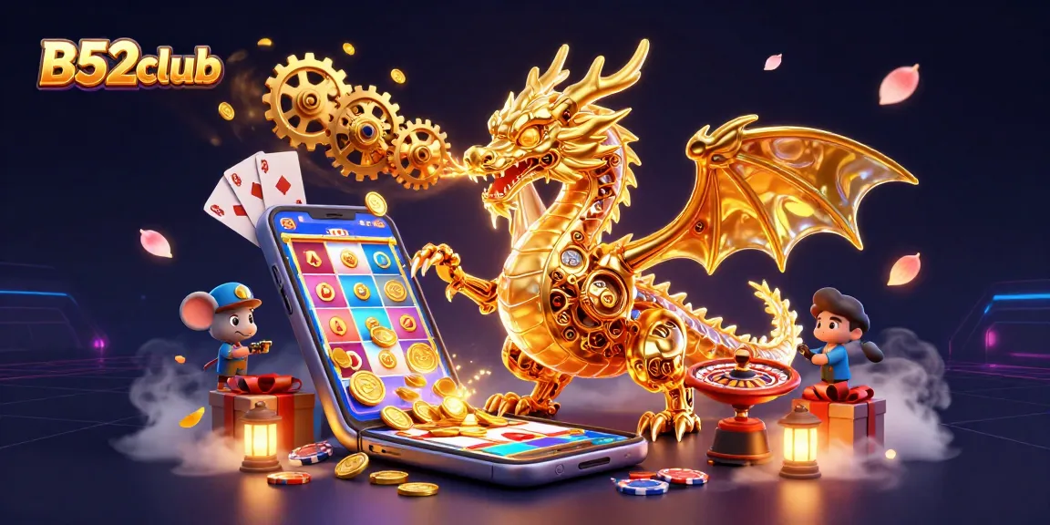 B52club features a biomechanical dragon amidst a vibrant casino scene with golden coins, playing cards, and dynamic gaming elements.