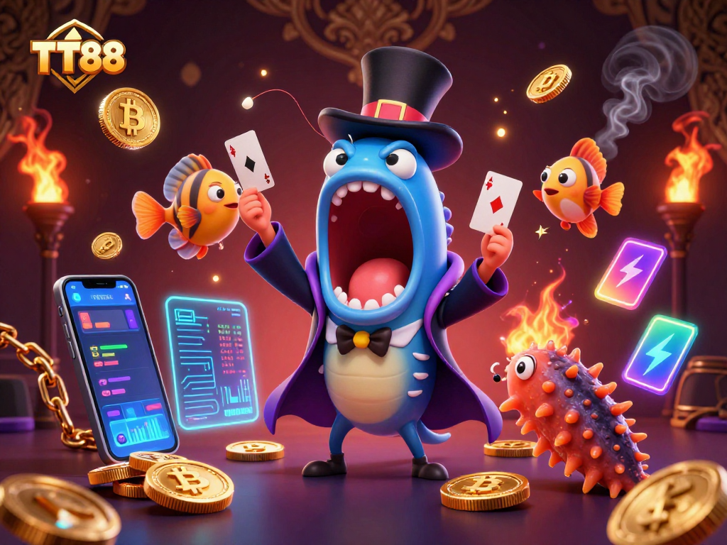 TT88 showcases a magical casino scene with animated characters performing tricks and crypto coins.
