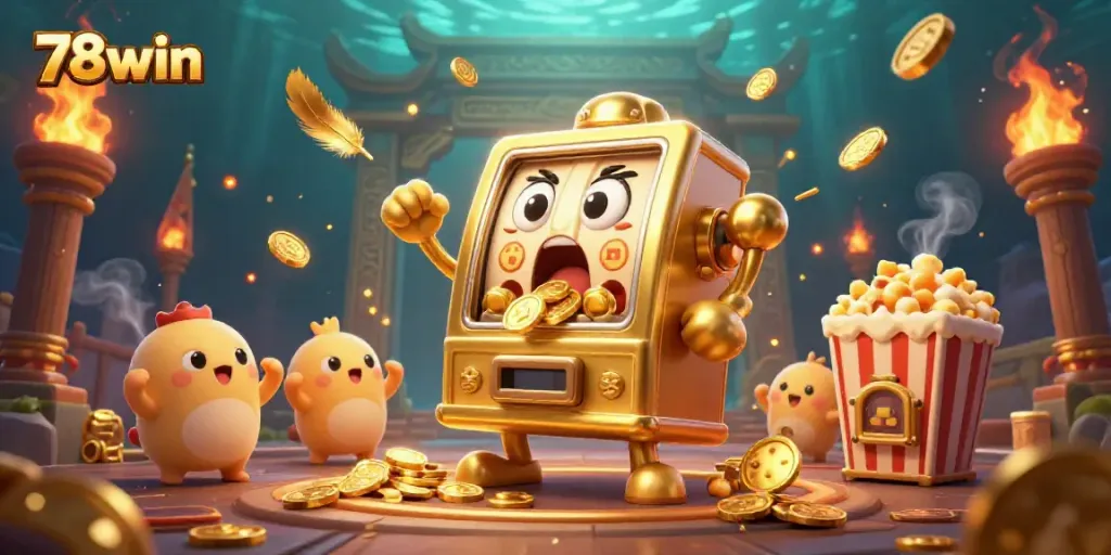 Experience the thrilling jackpot of 78win with cheerful slot machines and golden coins.