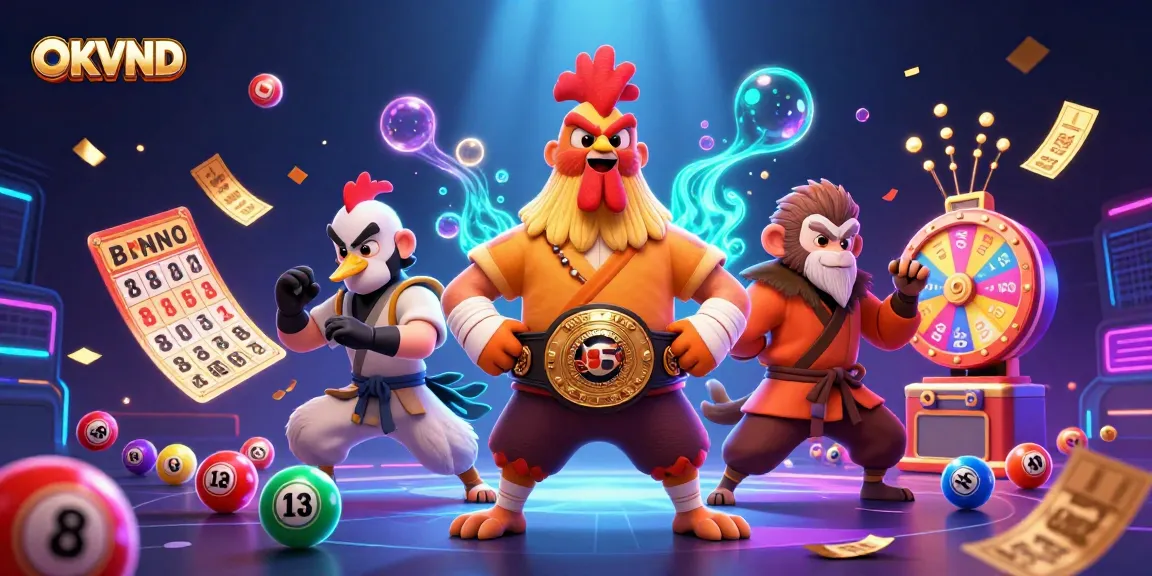 Engage with OKVND's dynamic gaming scene featuring a vibrant 3D illustration of exciting lottery elements.