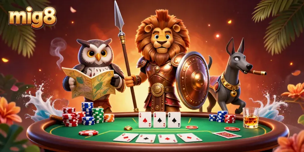 Engage in thrilling poker action with mig8, featuring a heroic Spartan lion, wise owl strategist, and swift greyhound messenger.