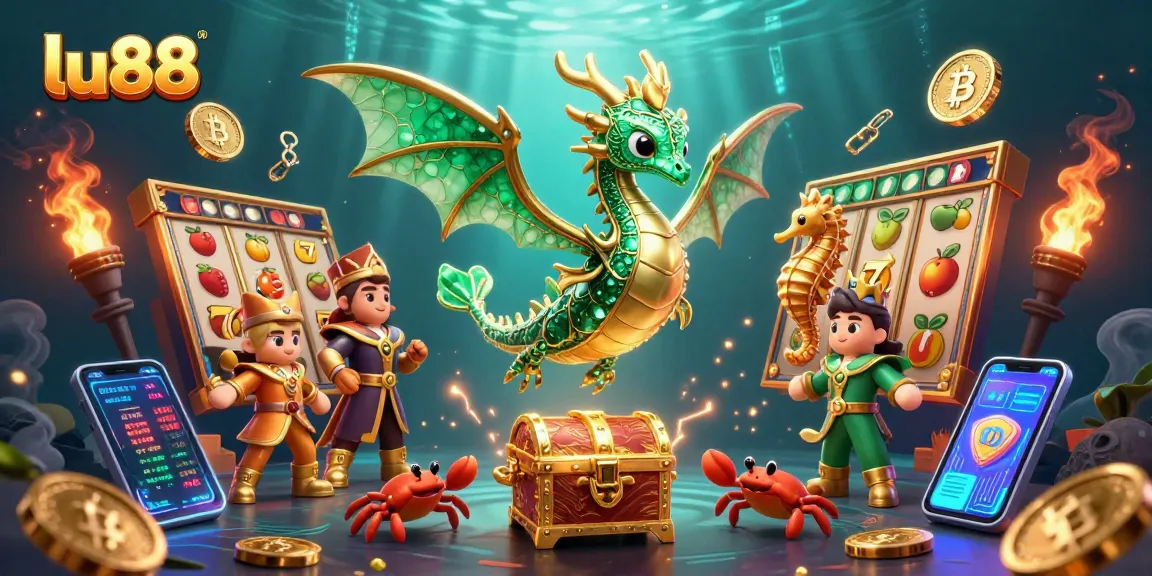 Engage with the thrilling world of lu88, showcasing a vibrant underwater casino scene with dynamic slot symbols and crypto elements.