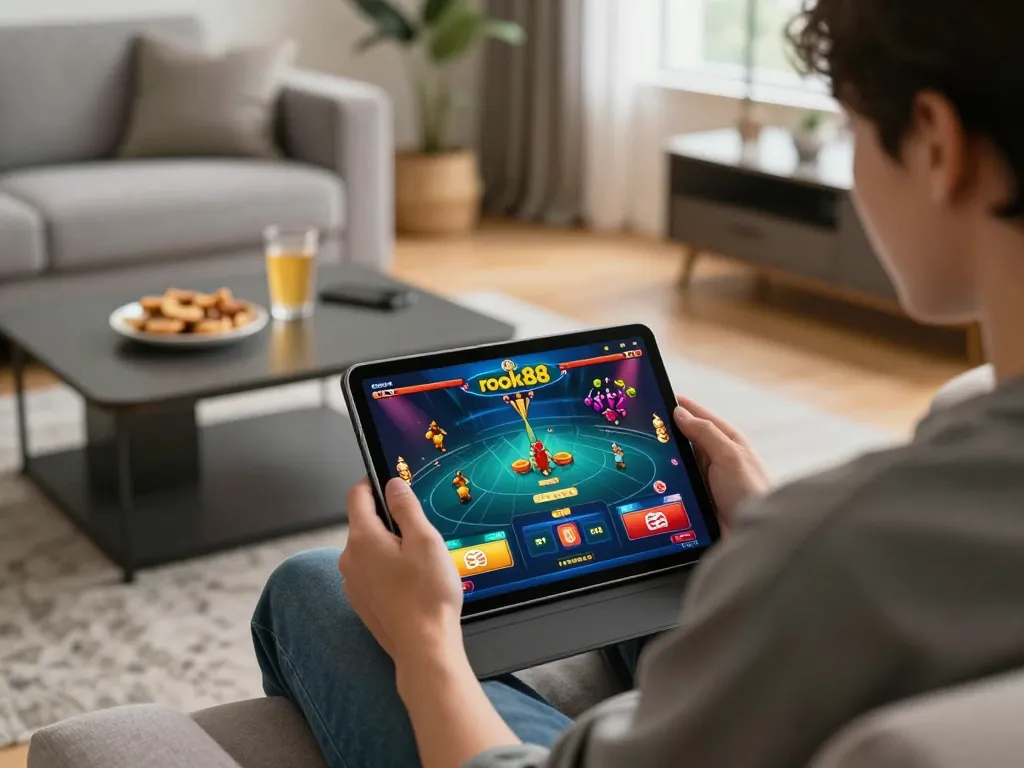 Seorang pemain menikmati permainan rokok88 di rumah menggunakan tablet, menampilkan suasana bermain yang nyaman dengan makanan ringan dan dekorasi modern.