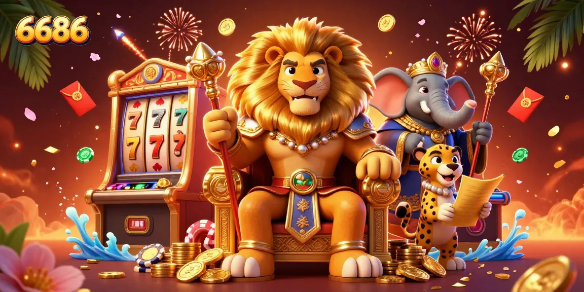 Engage with 6686's vibrant casino atmosphere featuring royal characters, slot machines, and glimmering treasures.