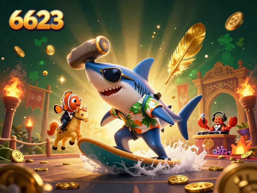 Engage with 6623's vibrant online casino scene featuring animated characters and golden coins flowing.