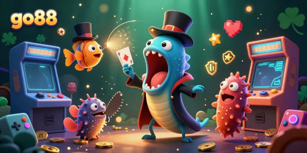 Experience the magic of go88 with a vibrant underwater casino scene featuring card tricks and game elements.