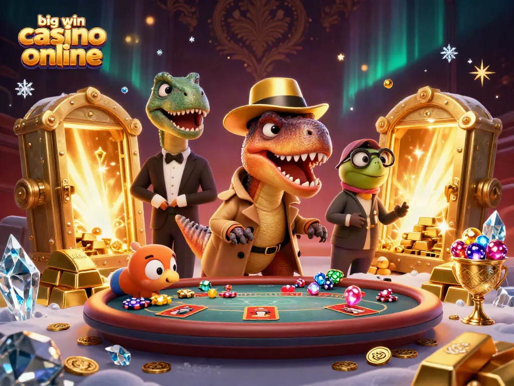 Experience excitement at big win casino online with cartoon dinosaurs playing blackjack and stealing chips.