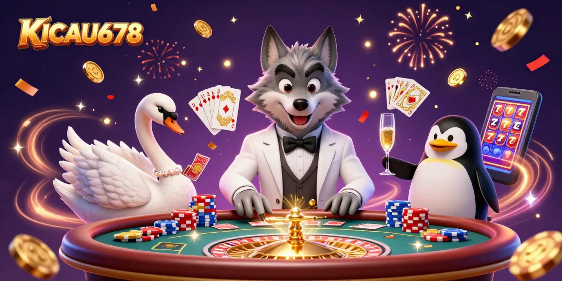 KICAU678 enhances gaming excitement with a wolf, swan, and penguin in an extravagant casino scene.