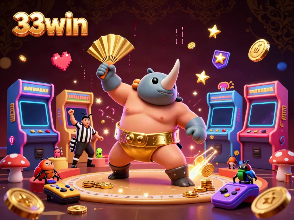 33win casino promotional illustration featuring a beetle champion, flying coins, and dynamic gaming elements.
