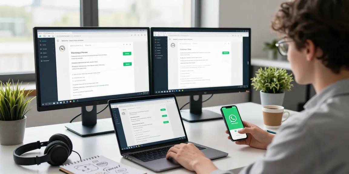 Using WhatsApp網頁版 on a laptop in a modern workspace with dual monitors and a smartphone.