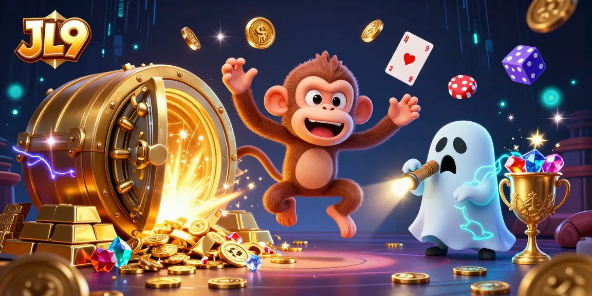 JL9's poltergeist monkey juggles coins in a haunted casino scene, enhancing your betting experience.
