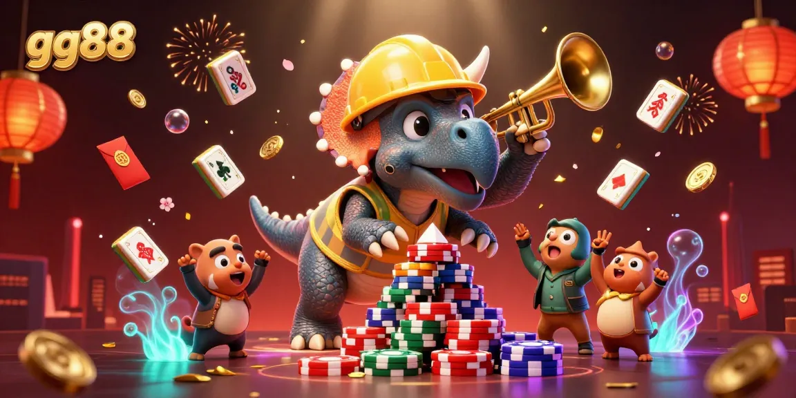 Join the excitement at gg88 with triceratops stacking chips in a dynamic casino scene.