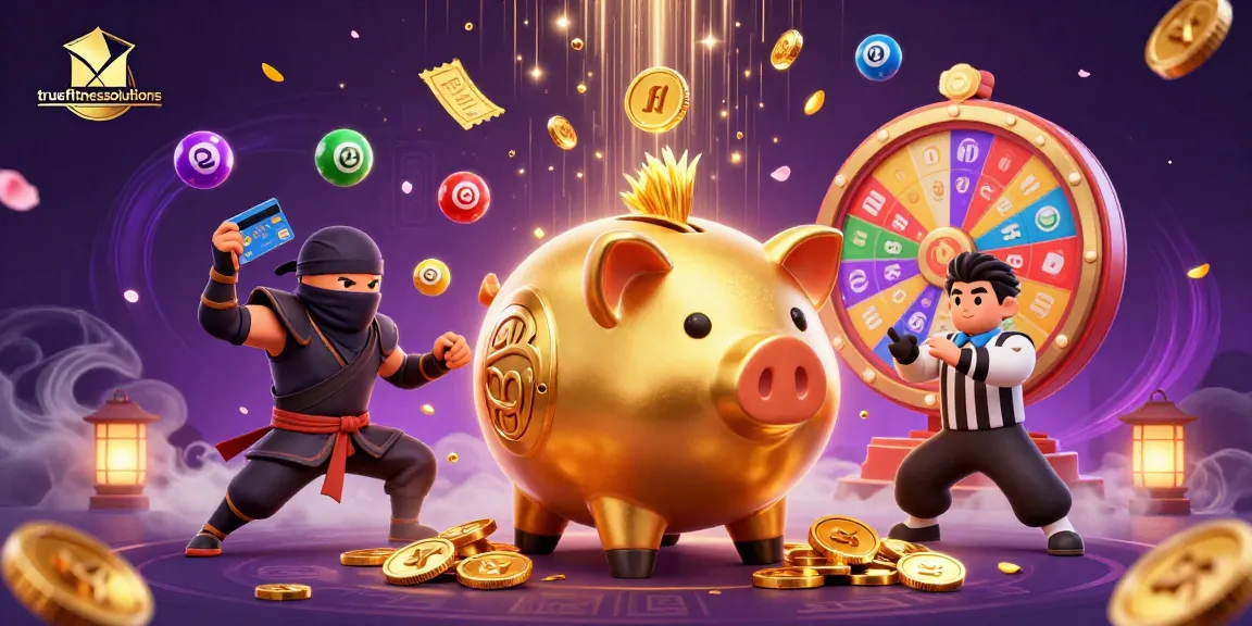 Engage in captivating gambling action with truefitnesssolutions showcasing a lively casino scene featuring a piggy bank sumo wrestler amidst colorful lottery elements.