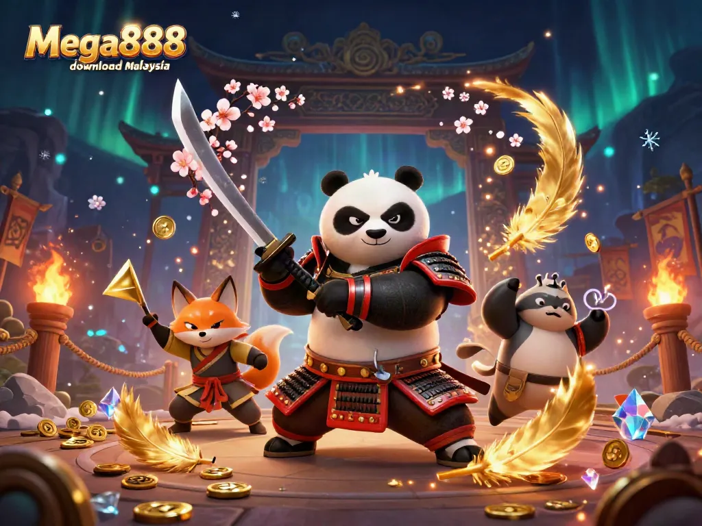 Engage in Mega888 download Malaysia featuring a dynamic 3D scene with a samurai panda and ninja fox.