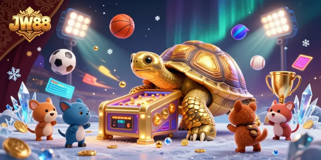 Engage with JW88's thrilling gaming experience featuring a vibrant cartoon scene with a golden tortoise pinball machine.