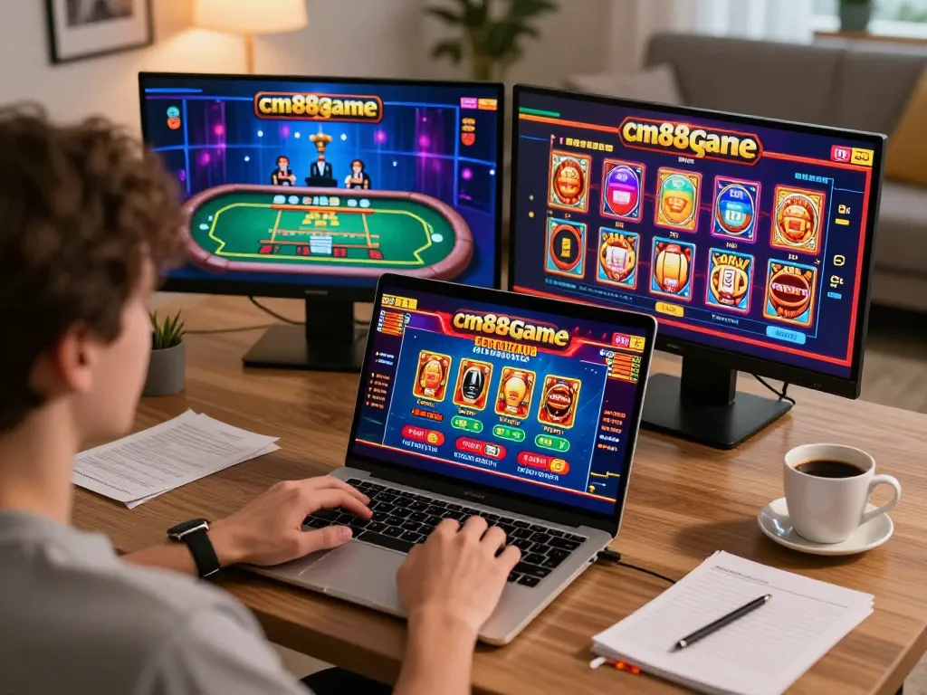 Engaged player enjoying cm88game on laptop in a cozy modern living room, showcasing online gambling excitement
