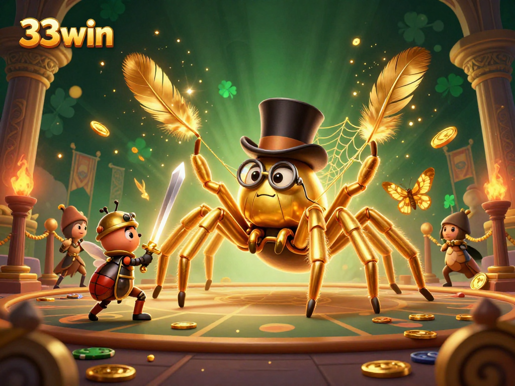 33win's thrilling gameplay captured with a golden tarantula weaving victory threads in a dynamic casino scene.