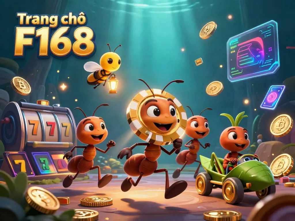 Engaging scene at Trang chủ F168 with cartoon ants stealing a huge poker chip amidst vibrant gambling elements.