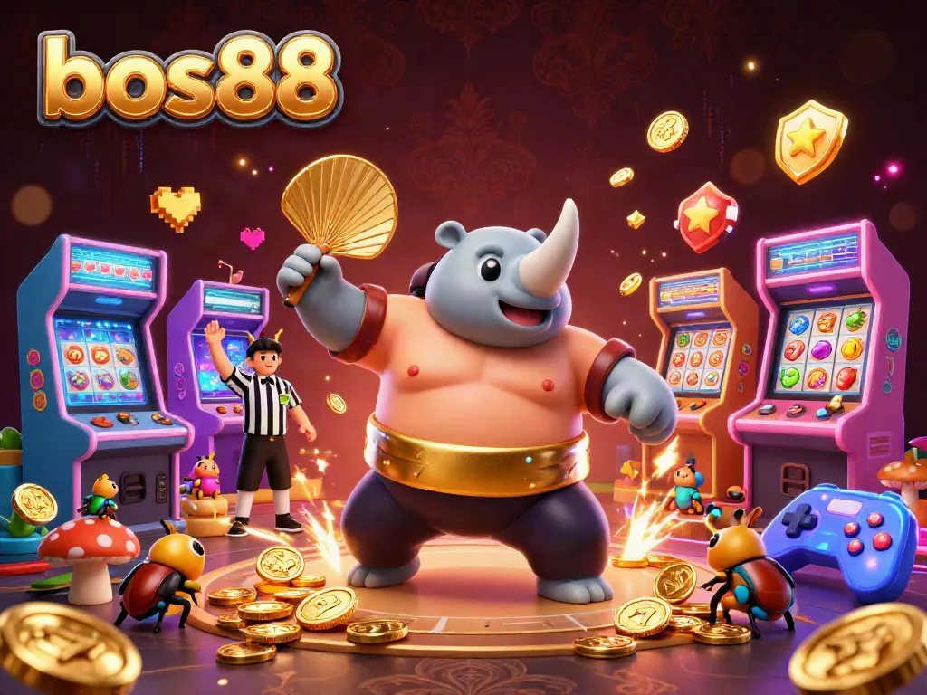 Experience excitement at bos88 with a 3D cartoon beetle champion celebrating wins amidst vibrant slot game elements.