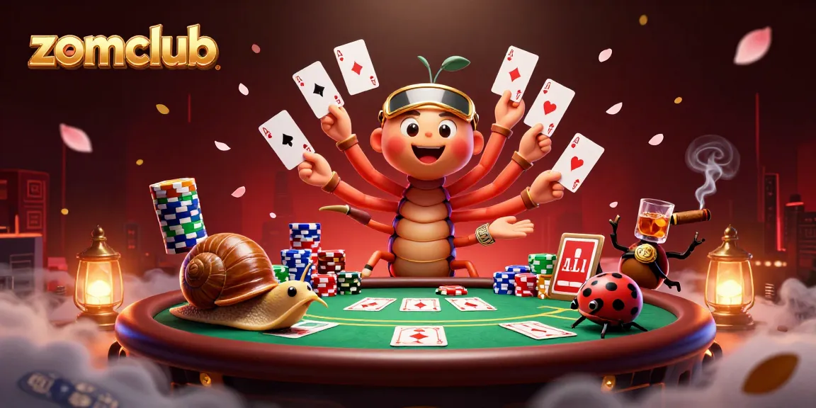 Zomclub features a vibrant casino scene with a cartoon millipede dealer expertly managing a game with excitement.