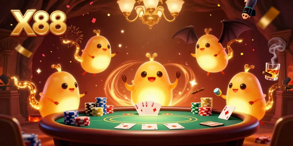 X88's vibrant cave casino with glowworms illuminating poker tables and a bat dealer in action.