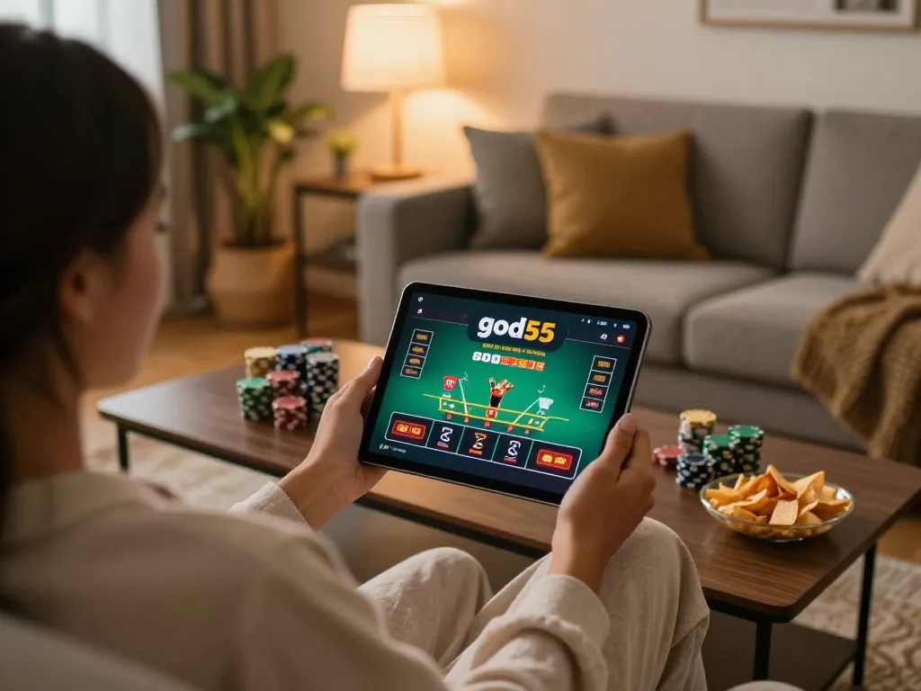 Person gaming on god55 app with live dealer showing relaxed home atmosphere