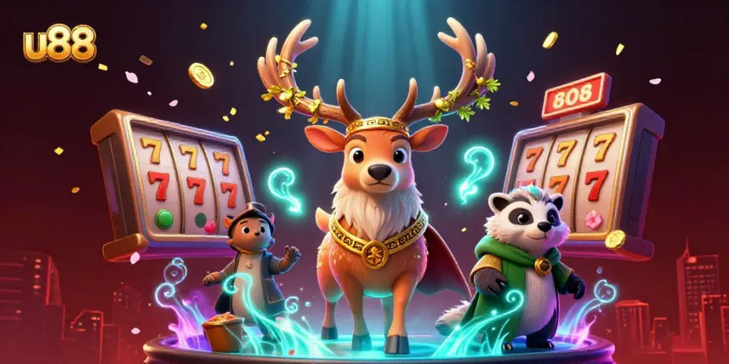 Experience the thrill of u88 with a vibrant scene showcasing a magical stag and badger in a casino.