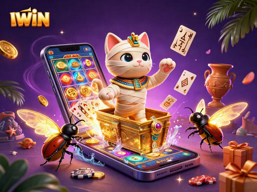 Experience the thrill of IWIN with dynamic gaming elements in a pyramid casino illustration.