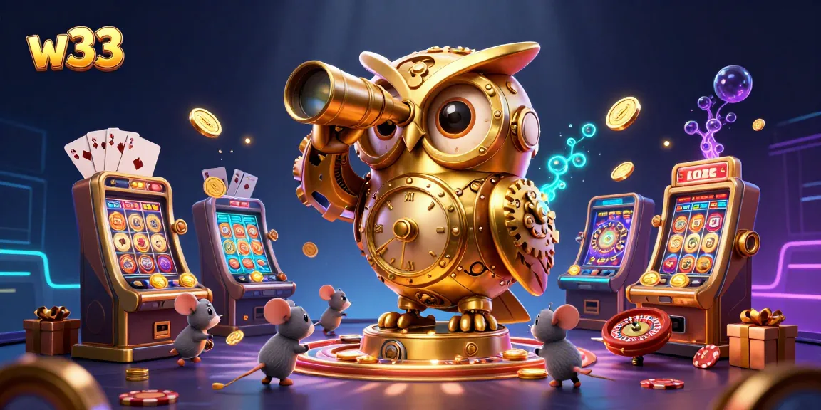 Spin the reels at w33 Casino with an enchanting clockwork owl overseeing the golden gaming treasures.